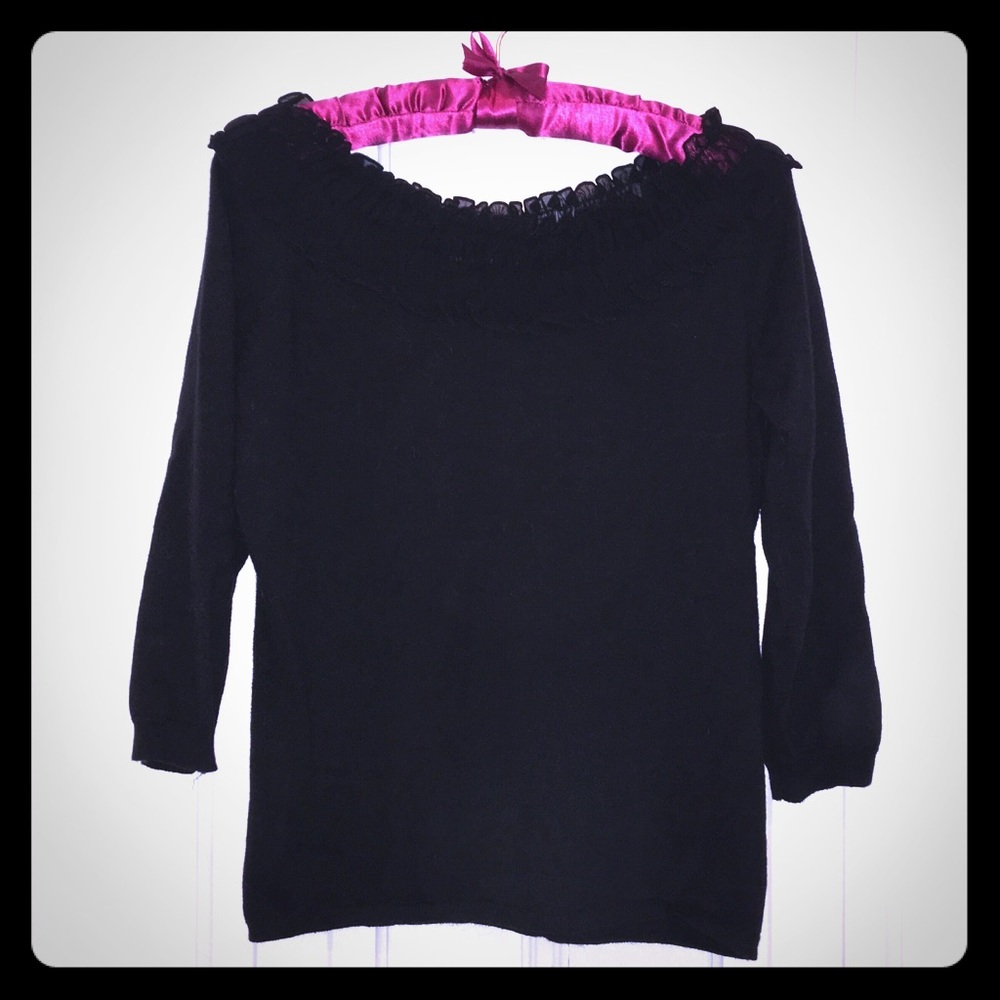 Cute Black Sweater with Ruffle Neckline